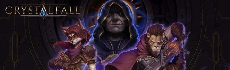 Crystalfall title with 2 hybrid characters and the antagonist slim banner