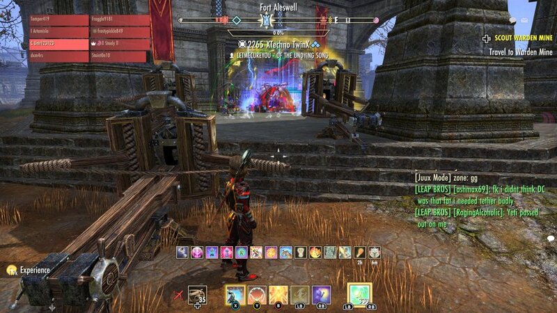 My character in cyrodill pvp using a ballista to deal damage to a keep door to get it open