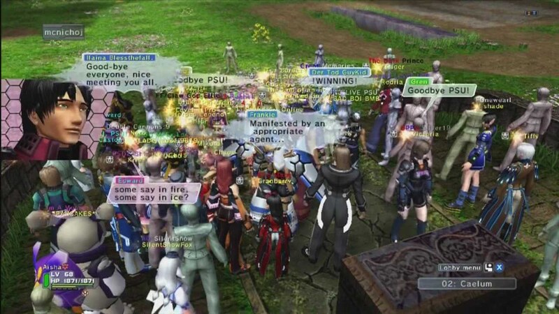 A Bunch of characters in phantasy star universe gathering round in the final moments before the servers shutdown