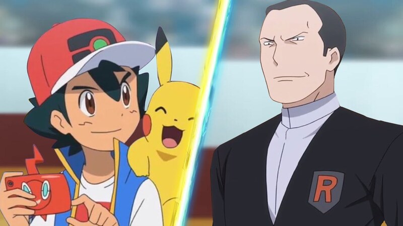 Ash and Giovanni right before battle and ash is looking at his pokedex
