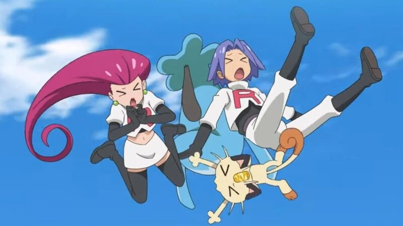 Team Rocket, Meowth, and Wobuffet blasting off again